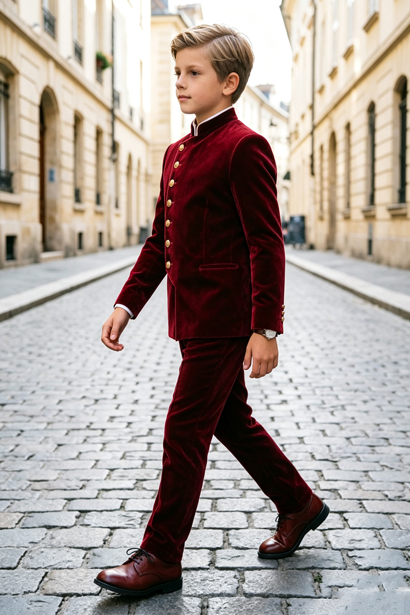 Boys Burgundy Velvet with Mandarin Collar 2-Piece Suit for Weddings