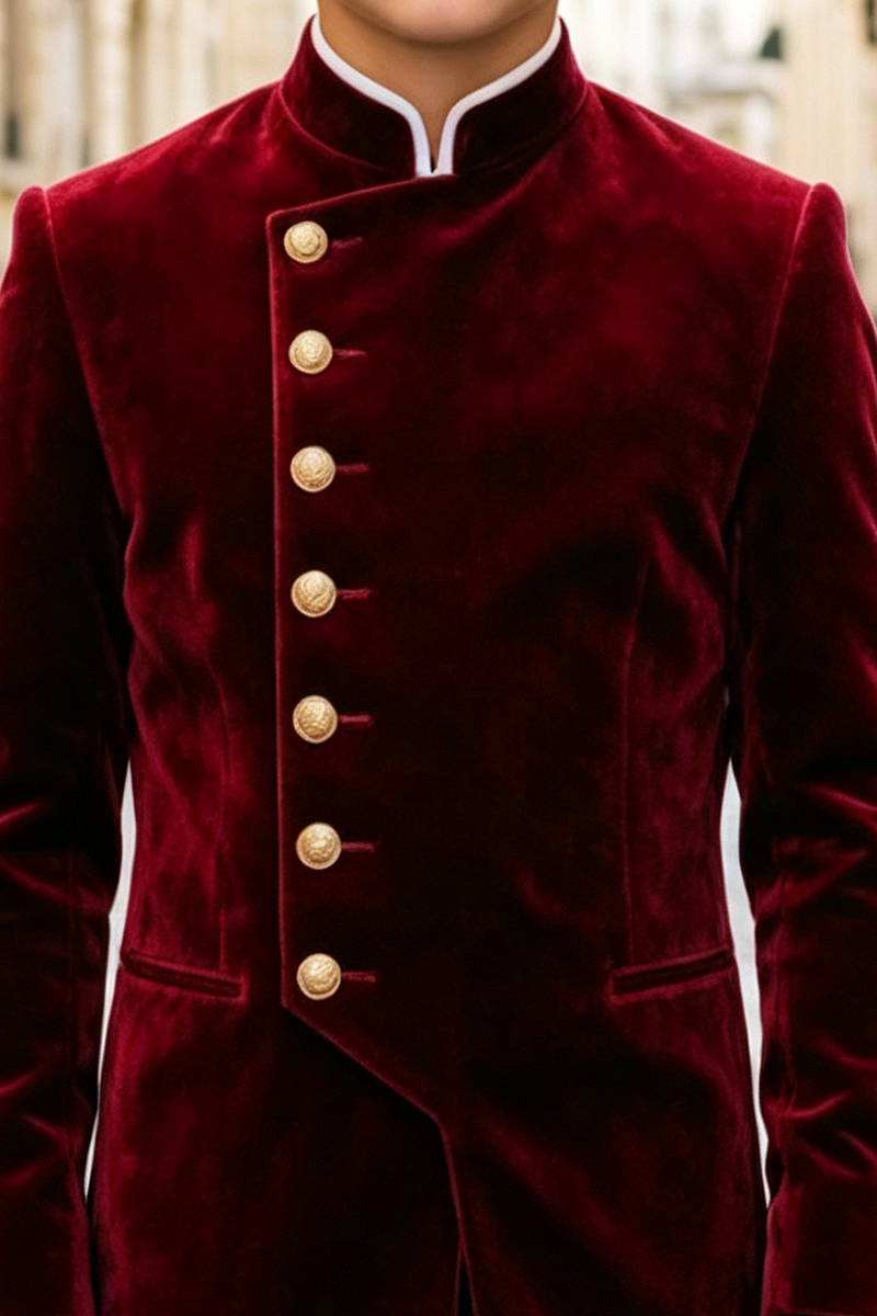 Boys Burgundy Velvet with Mandarin Collar 2-Piece Suit for Weddings