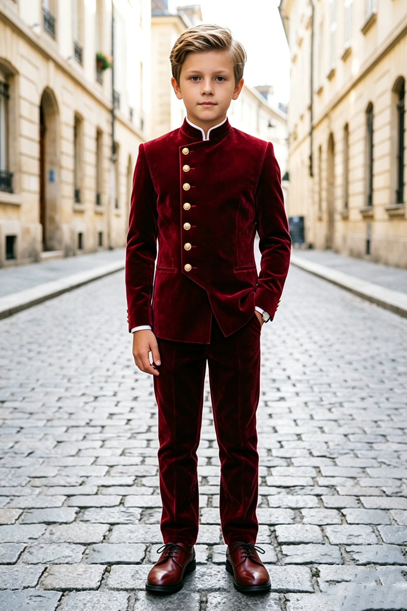 Boys Burgundy Velvet with Mandarin Collar 2-Piece Suit for Weddings