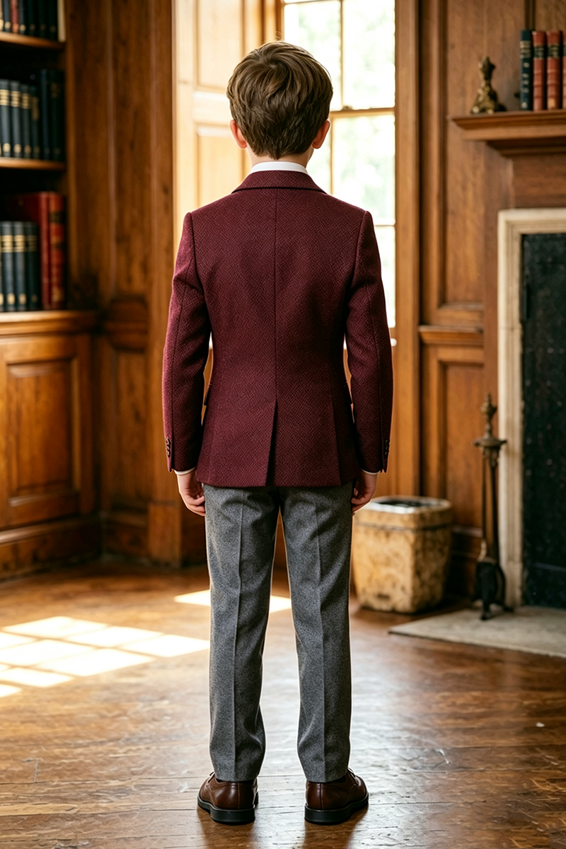 Boys Burgundy Herringbone with Notched Lapel 2-Piece Suit for Weddings