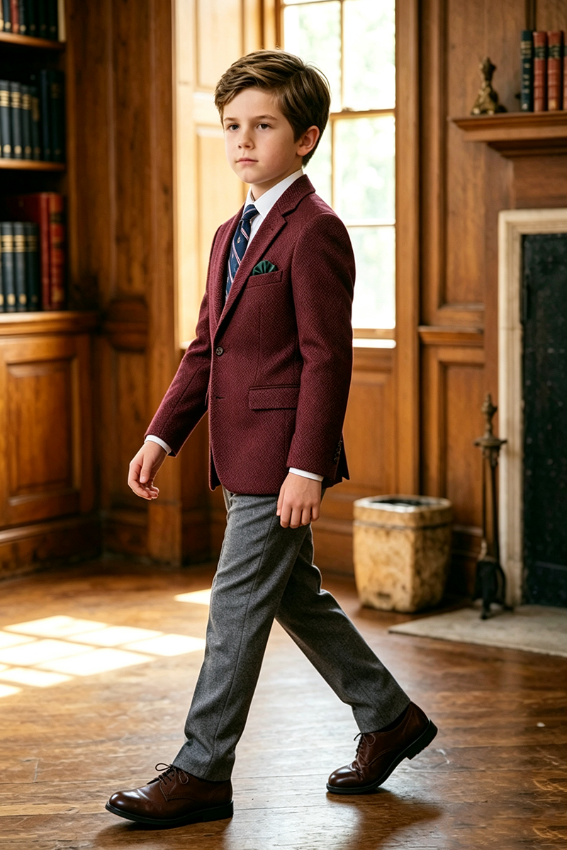 Boys Burgundy Herringbone with Notched Lapel 2-Piece Suit for Weddings