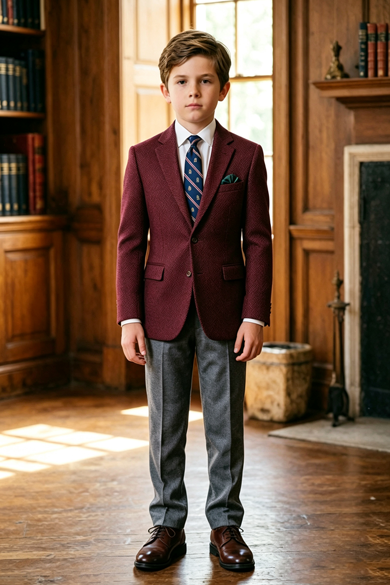 Boys Burgundy Herringbone with Notched Lapel 2-Piece Suit for Weddings