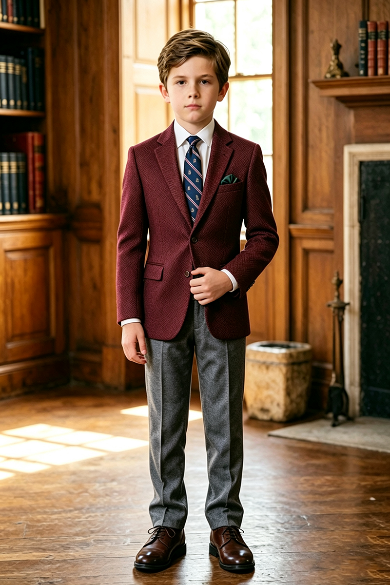 Boys Burgundy Herringbone with Notched Lapel 2-Piece Suit for Weddings