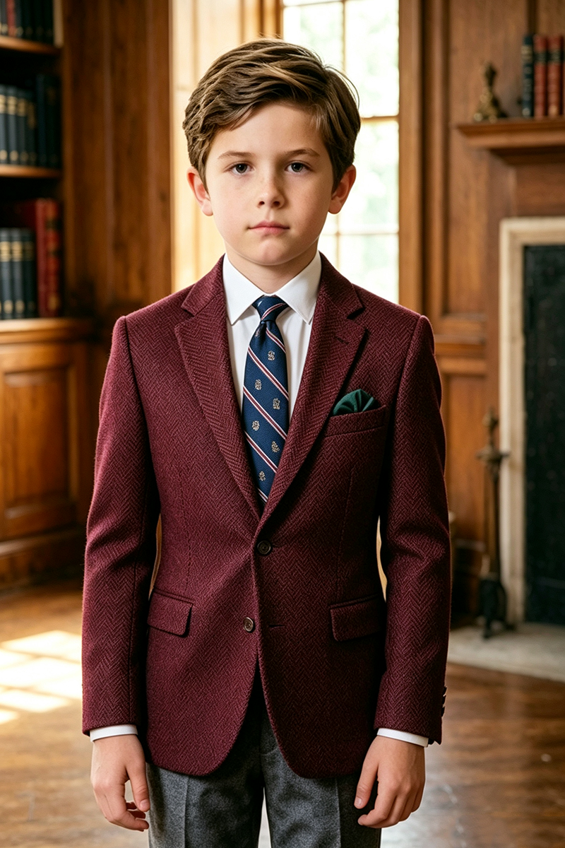 Boys Burgundy Herringbone with Notched Lapel 2-Piece Suit for Weddings