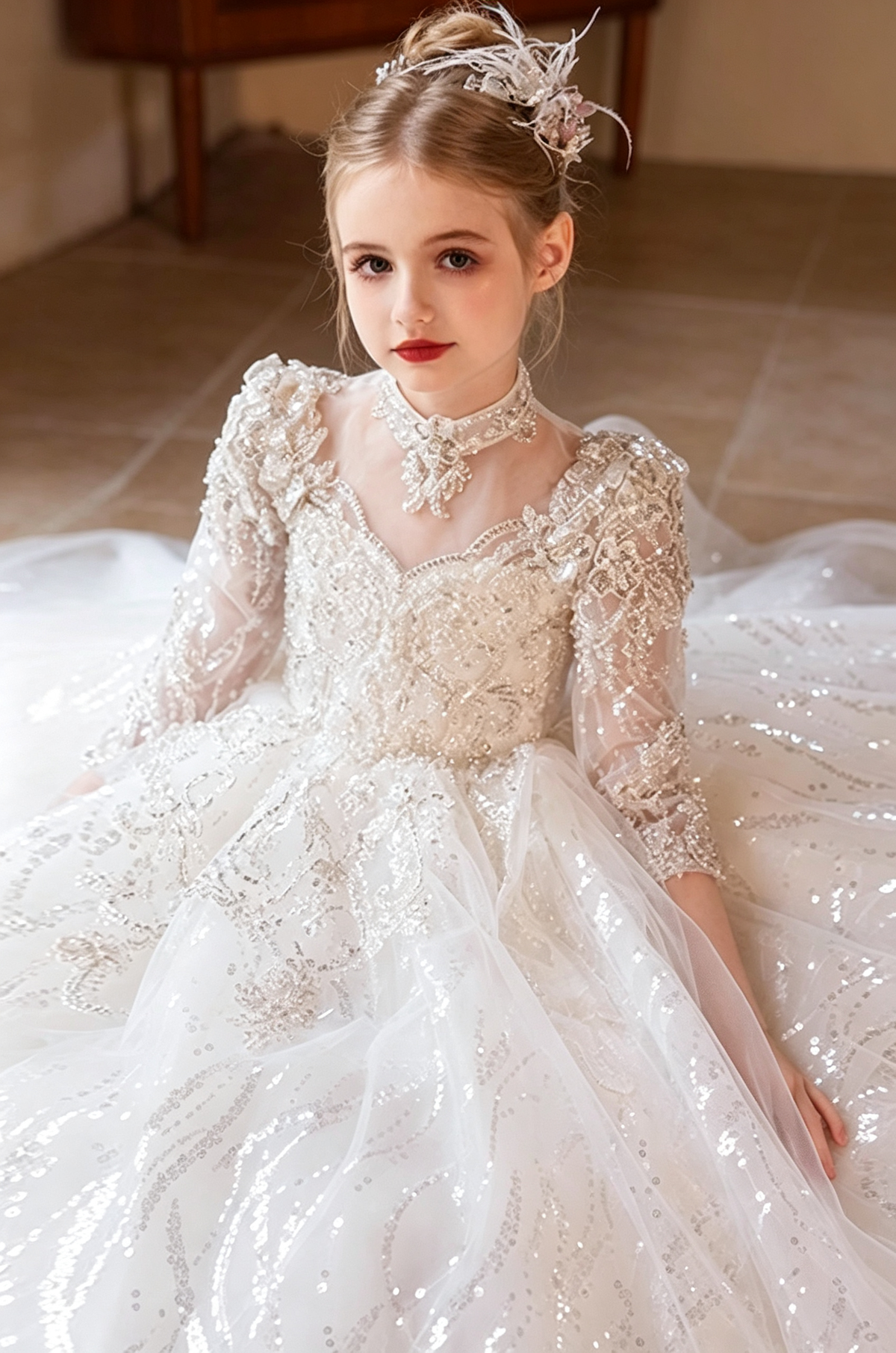 White Heavy Sequin Lace Embroidery Long Sleeve A-Line Flower Girl Dress