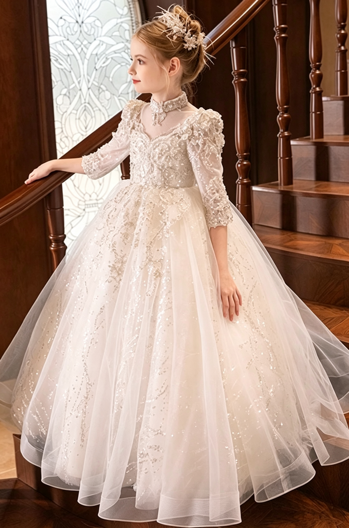 White Heavy Sequin Lace Embroidery Long Sleeve A-Line Flower Girl Dress