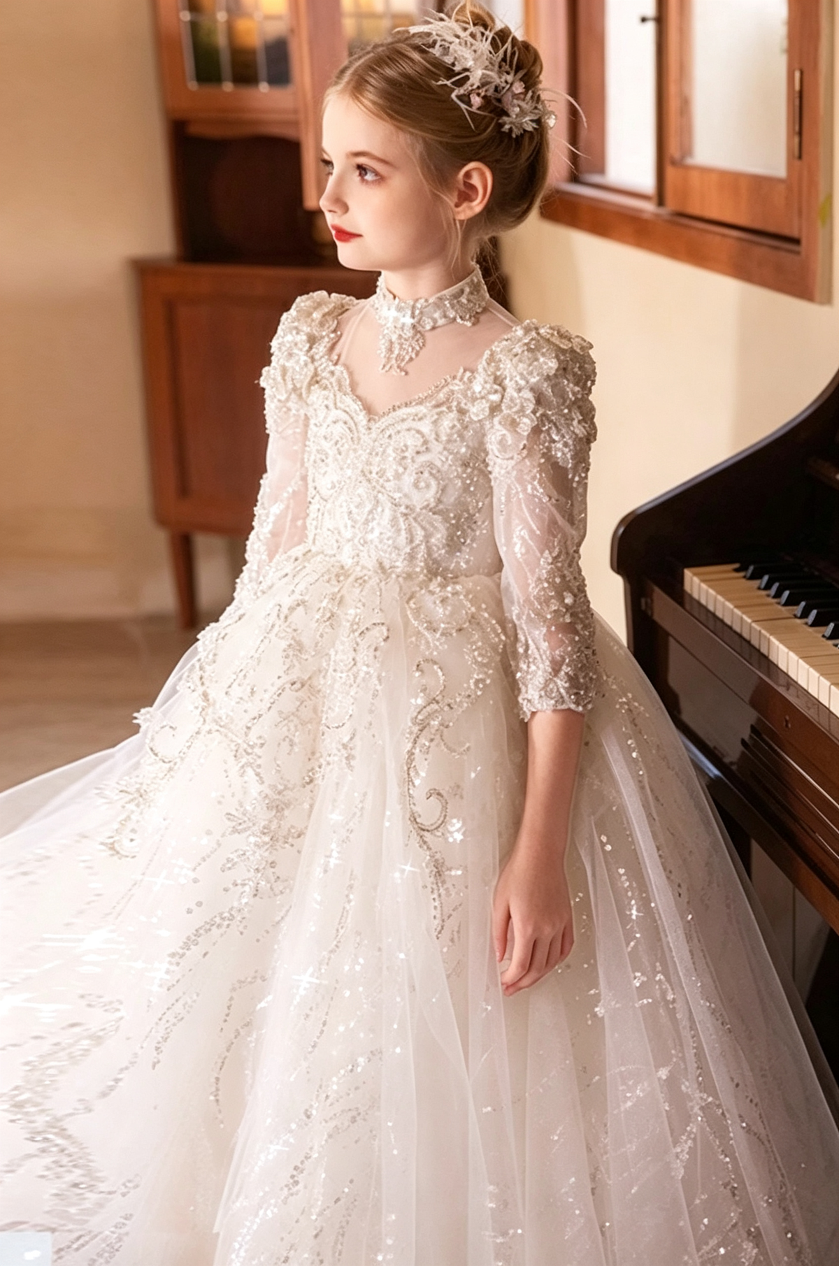 White Heavy Sequin Lace Embroidery Long Sleeve A-Line Flower Girl Dress