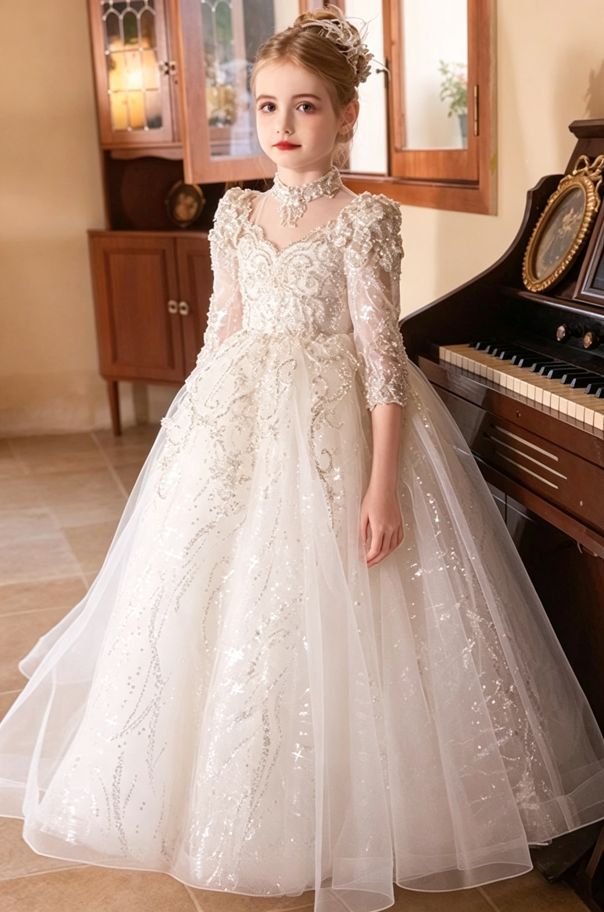 White Heavy Sequin Lace Embroidery Long Sleeve A-Line Flower Girl Dress