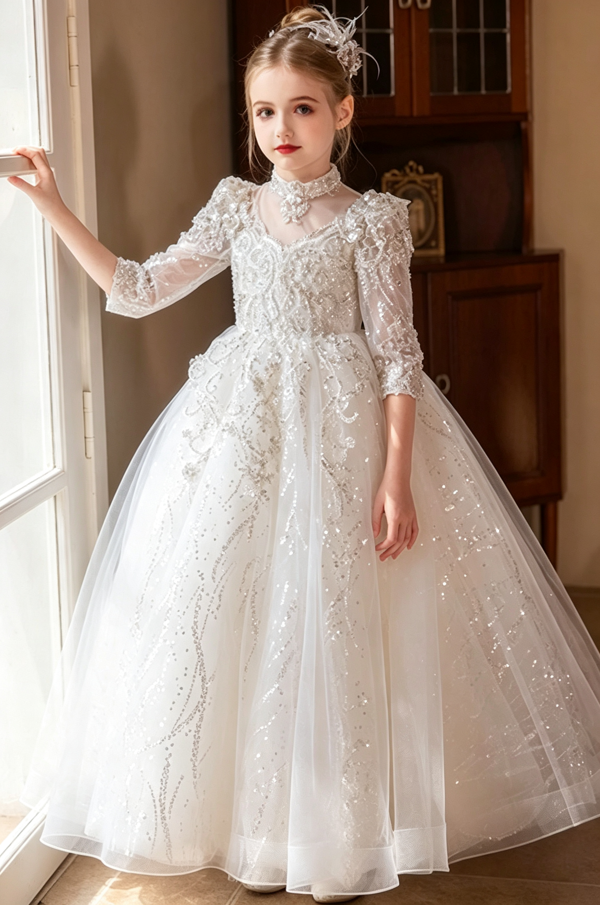 White Heavy Sequin Lace Embroidery Long Sleeve A-Line Flower Girl Dress