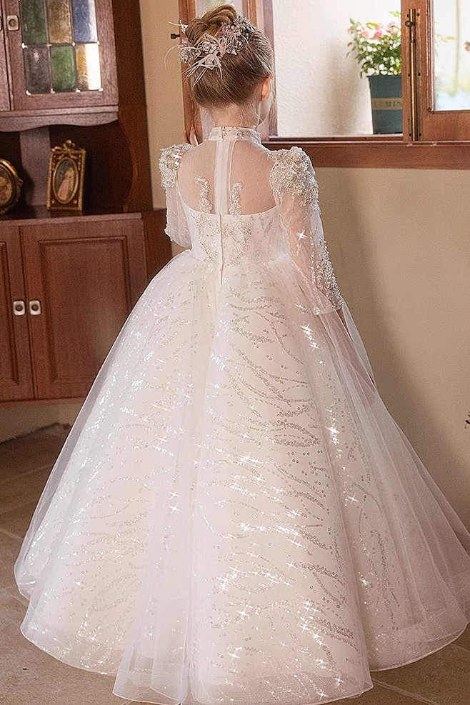 White Heavy Sequin Lace Embroidery Long Sleeve A-Line Flower Girl Dress
