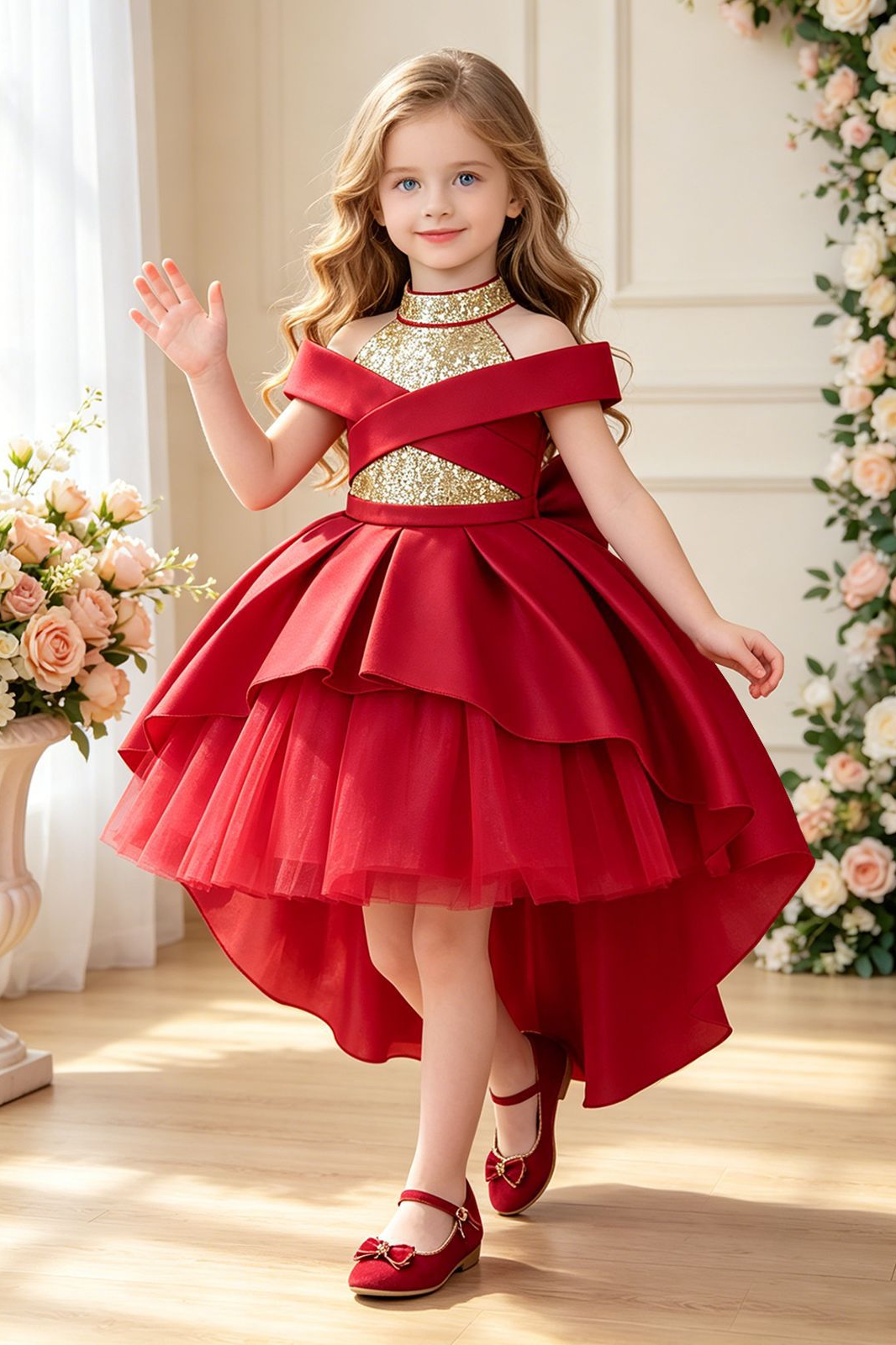 Sage Green Off Shoulder Sequin Satin Tulle High Low A-Line Flower Girl Dress