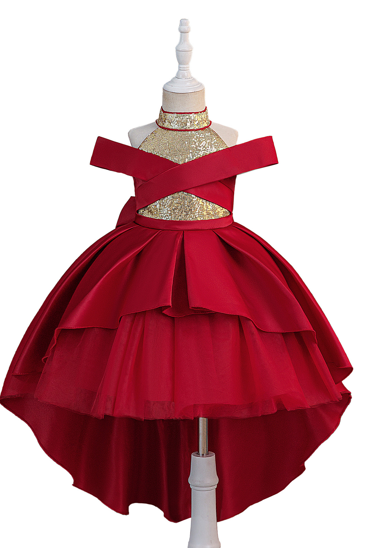 Sage Green Off Shoulder Sequin Satin Tulle High Low A-Line Flower Girl Dress
