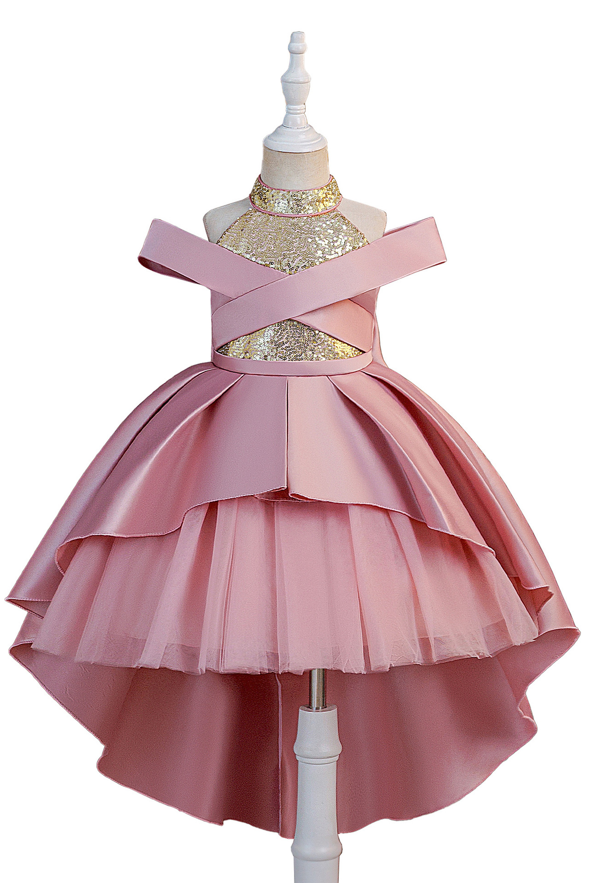 Sage Green Off Shoulder Sequin Satin Tulle High Low A-Line Flower Girl Dress