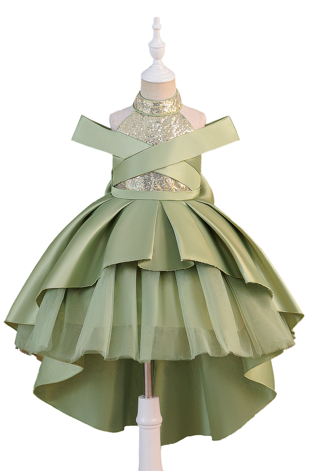 Sage Green Off Shoulder Sequin Satin Tulle High Low A-Line Flower Girl Dress
