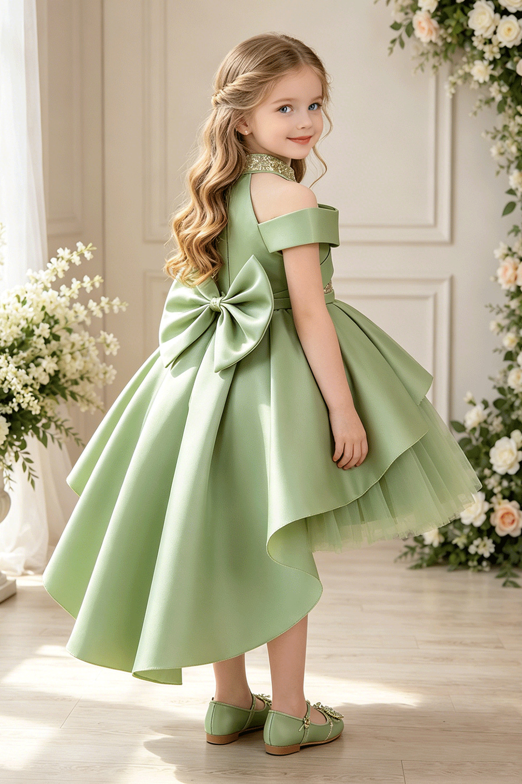 Sage Green Off Shoulder Sequin Satin Tulle High Low A-Line Flower Girl Dress