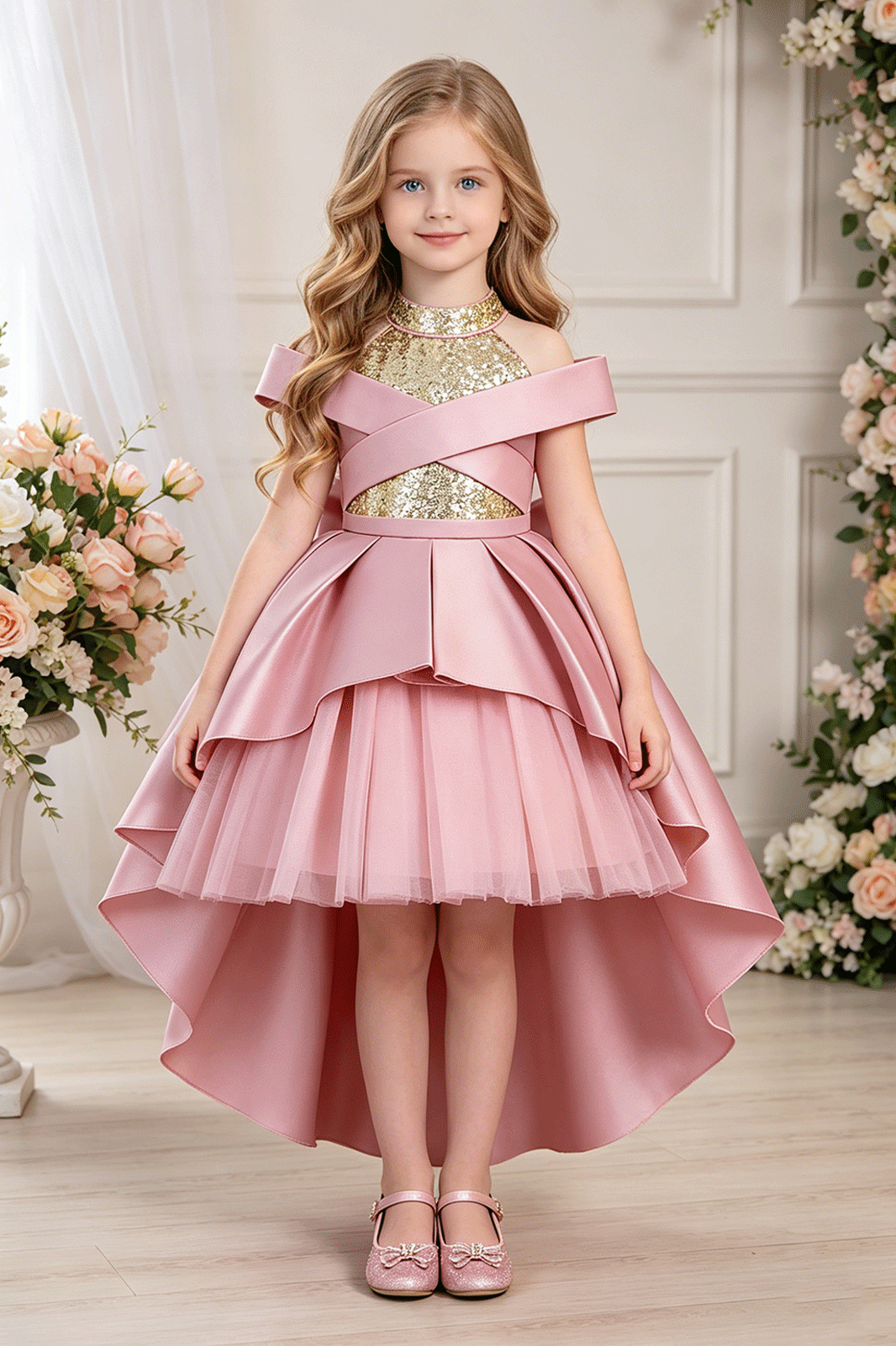 Sage Green Off Shoulder Sequin Satin Tulle High Low A-Line Flower Girl Dress