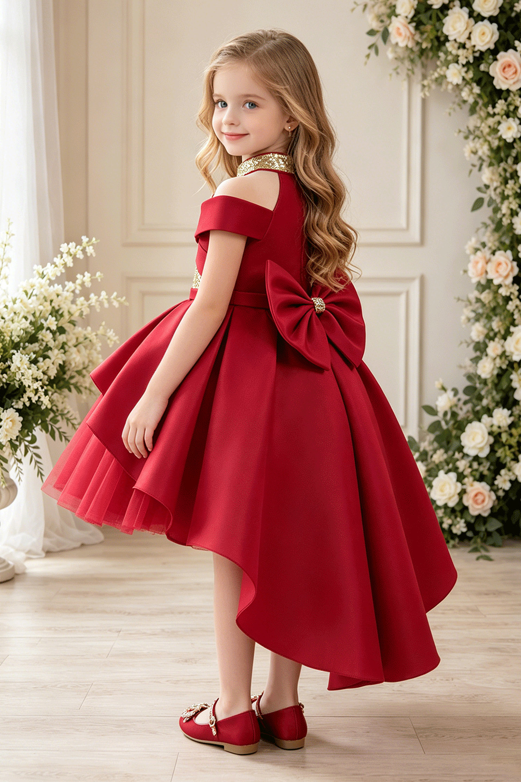 Sage Green Off Shoulder Sequin Satin Tulle High Low A-Line Flower Girl Dress