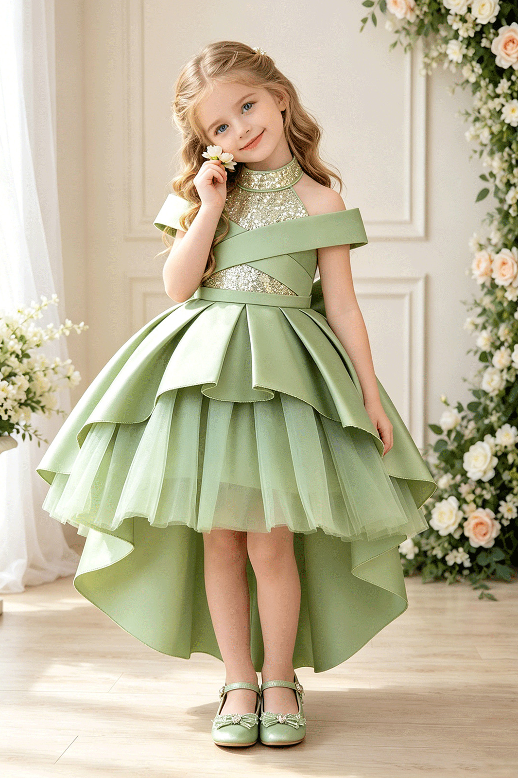 Sage Green Off Shoulder Sequin Satin Tulle High Low A-Line Flower Girl Dress