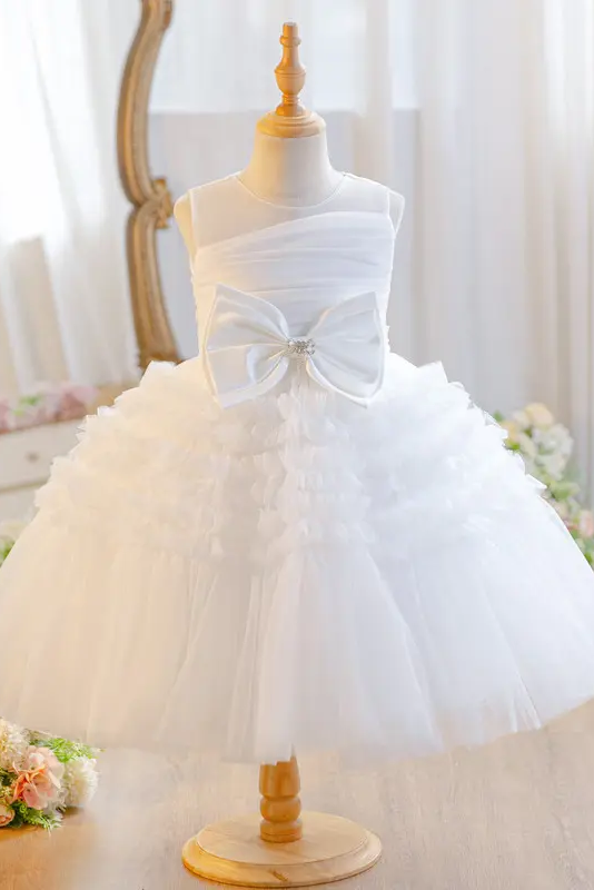 Yellow Sleeveless Round Neck Ruffled Tulle Cake A-Line Flower Girl Dress with Big Bow
