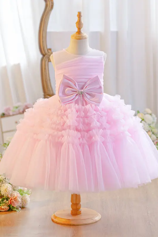 Yellow Sleeveless Round Neck Ruffled Tulle Cake A-Line Flower Girl Dress with Big Bow