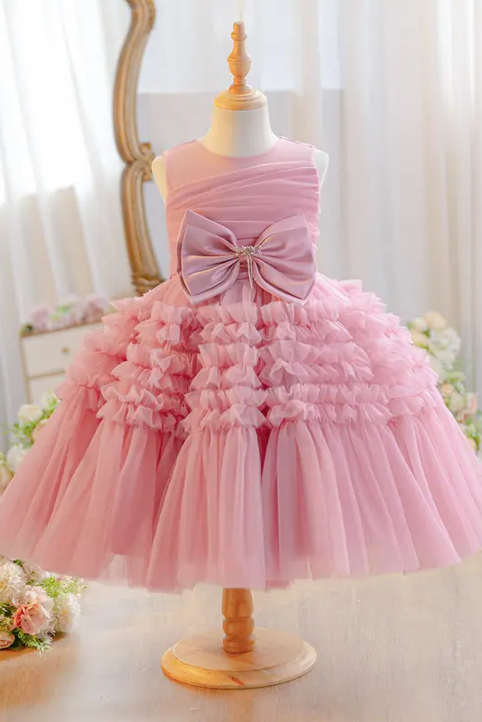 Yellow Sleeveless Round Neck Ruffled Tulle Cake A-Line Flower Girl Dress with Big Bow