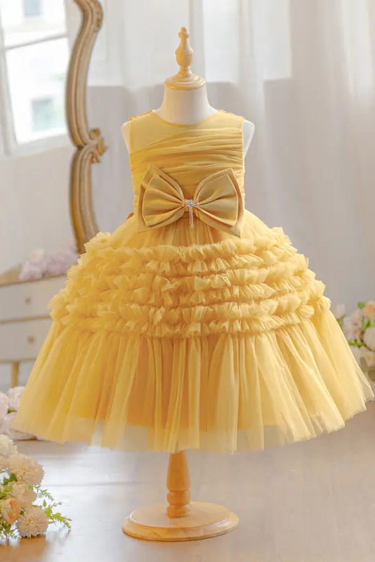 Yellow Sleeveless Round Neck Ruffled Tulle Cake A-Line Flower Girl Dress with Big Bow