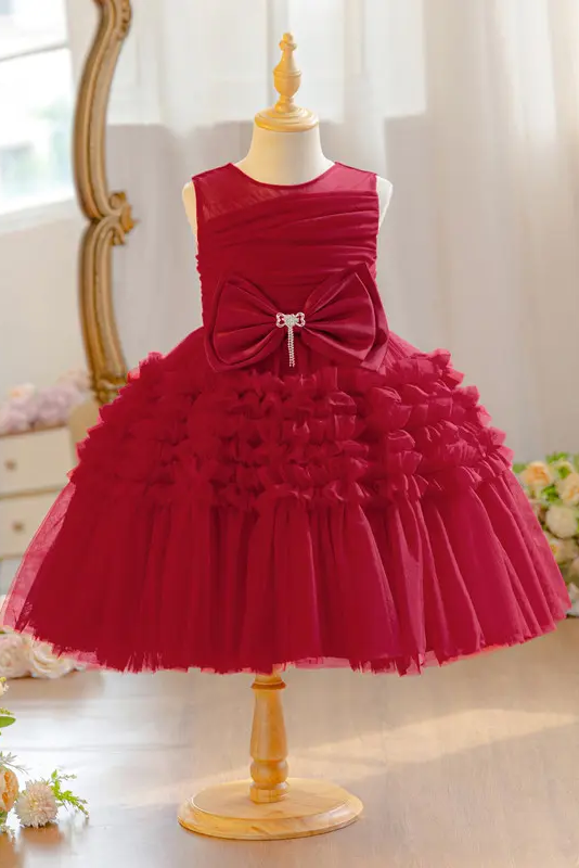 Yellow Sleeveless Round Neck Ruffled Tulle Cake A-Line Flower Girl Dress with Big Bow
