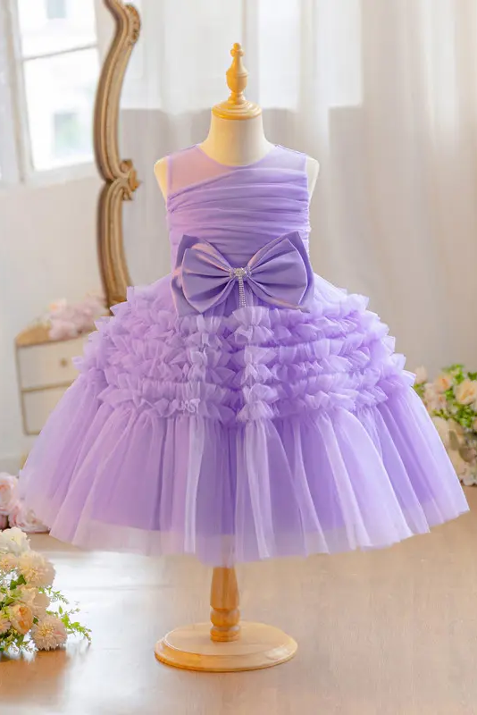 Yellow Sleeveless Round Neck Ruffled Tulle Cake A-Line Flower Girl Dress with Big Bow