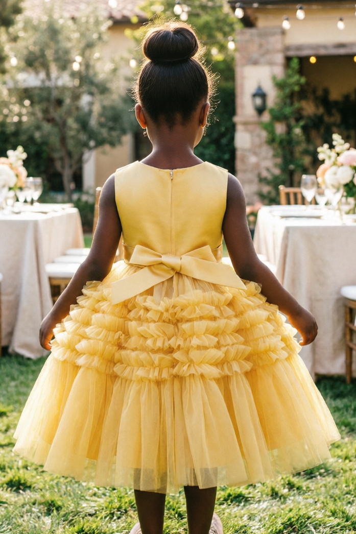 Yellow Sleeveless Round Neck Ruffled Tulle Cake A-Line Flower Girl Dress with Big Bow
