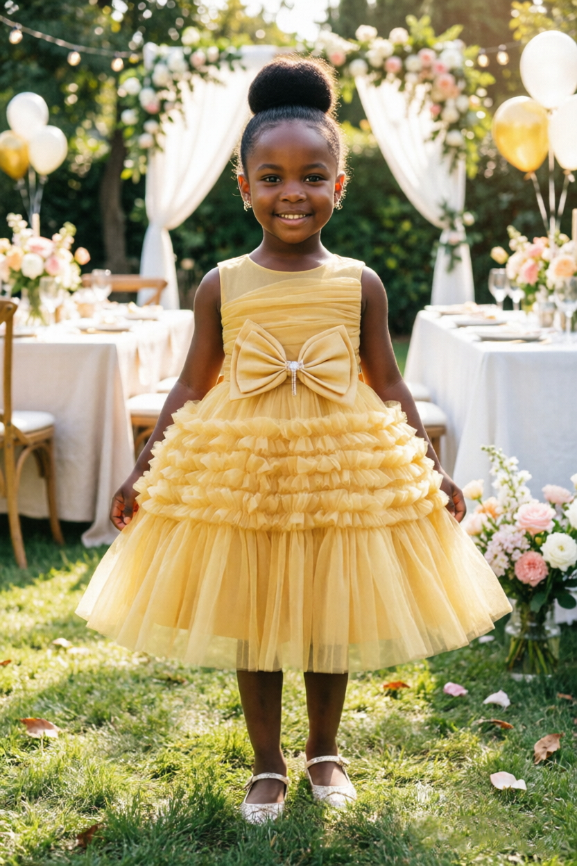 Yellow Sleeveless Round Neck Ruffled Tulle Cake A-Line Flower Girl Dress with Big Bow