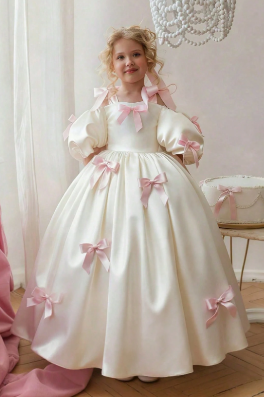 Light Pink & Cream Satin Puff Sleeves Bow A-Line Flower Girl Dress
