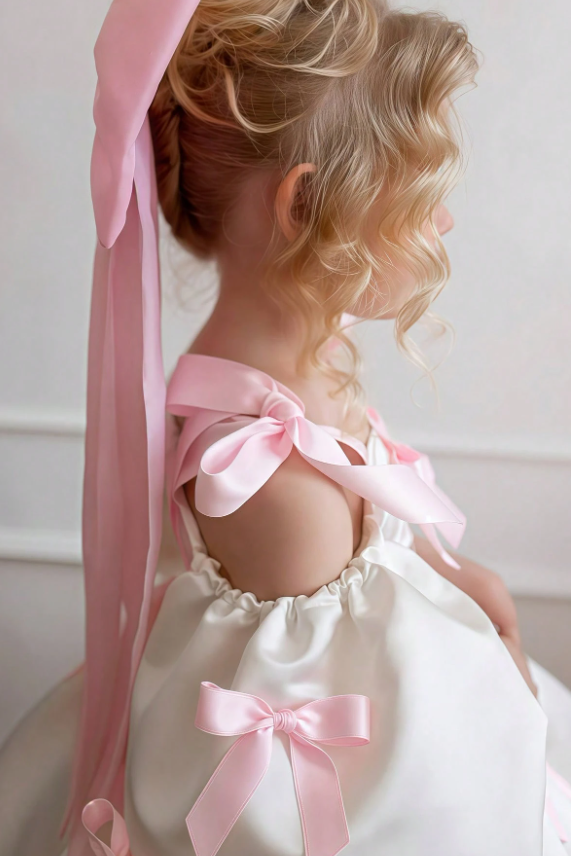 Light Pink & Cream Satin Puff Sleeves Bow A-Line Flower Girl Dress