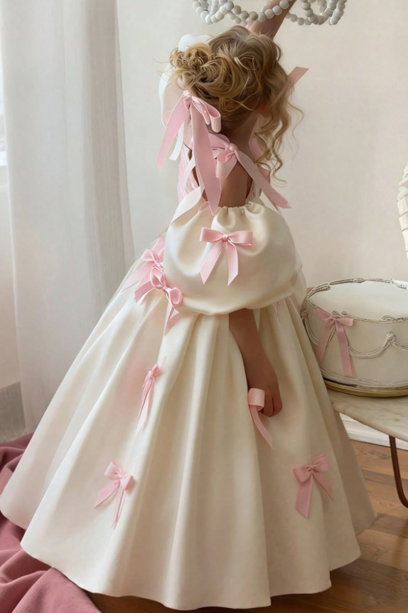 Light Pink & Cream Satin Puff Sleeves Bow A-Line Flower Girl Dress