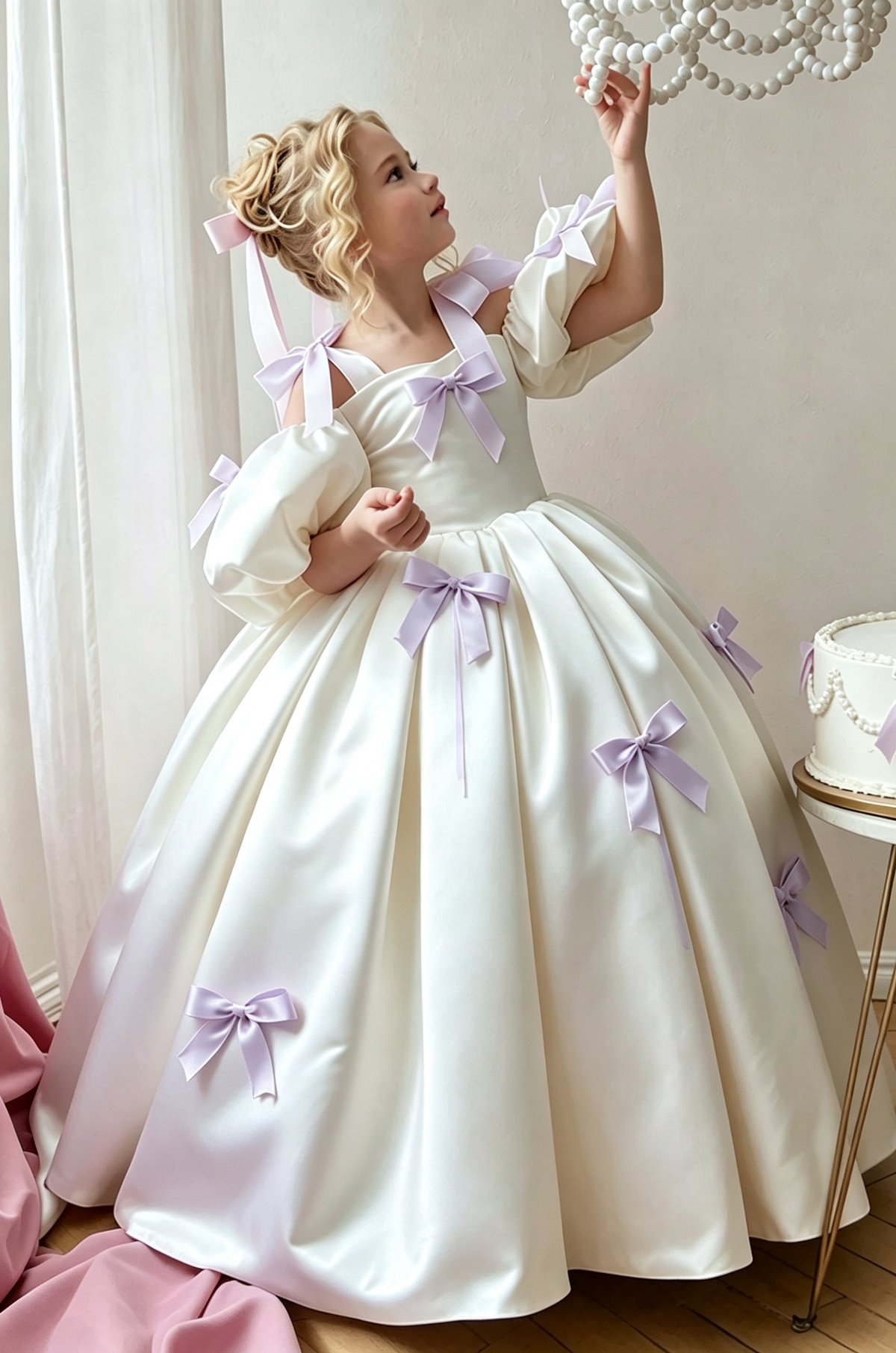 Light Pink & Cream Satin Puff Sleeves Bow A-Line Flower Girl Dress