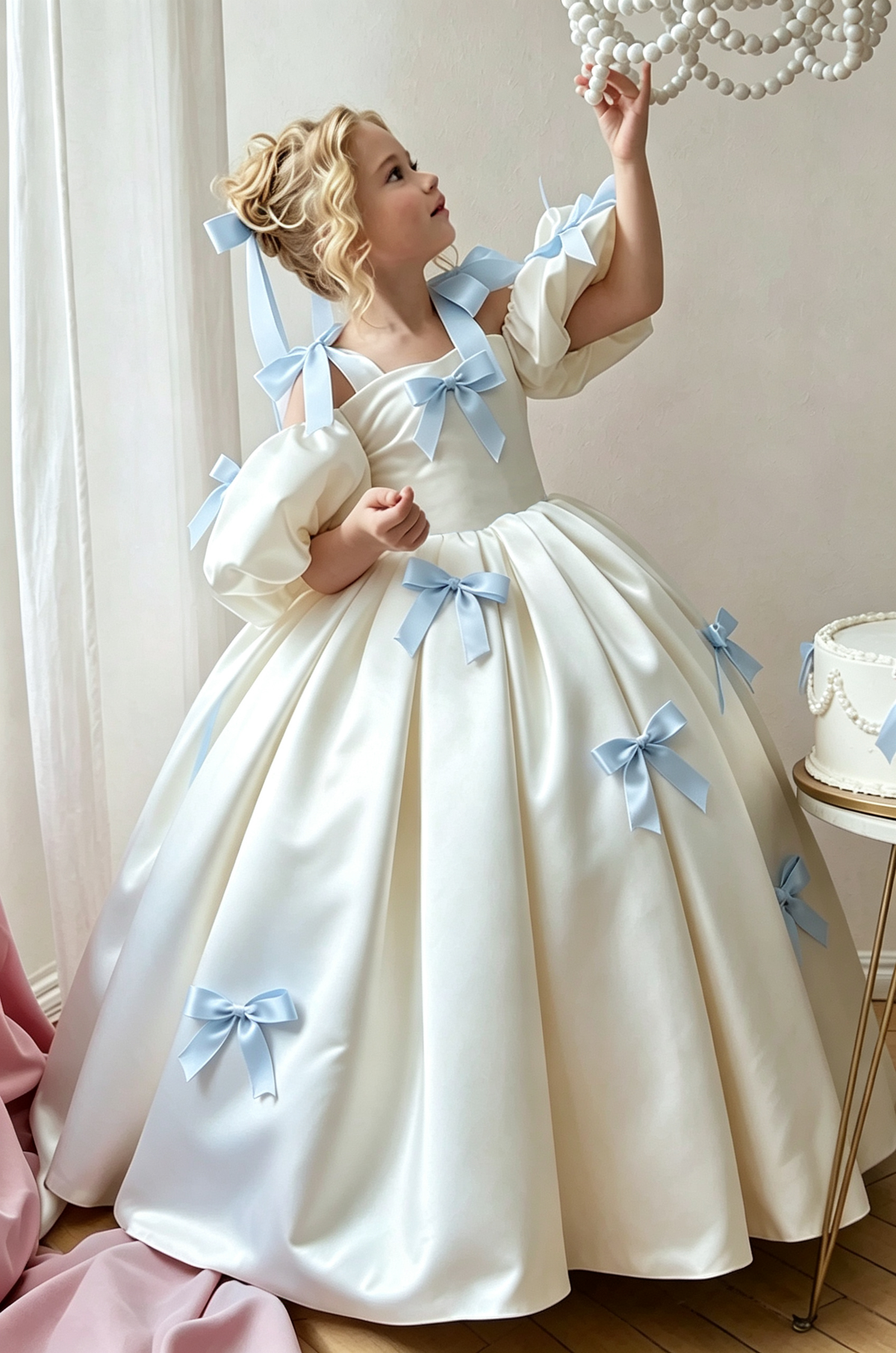 Light Pink & Cream Satin Puff Sleeves Bow A-Line Flower Girl Dress