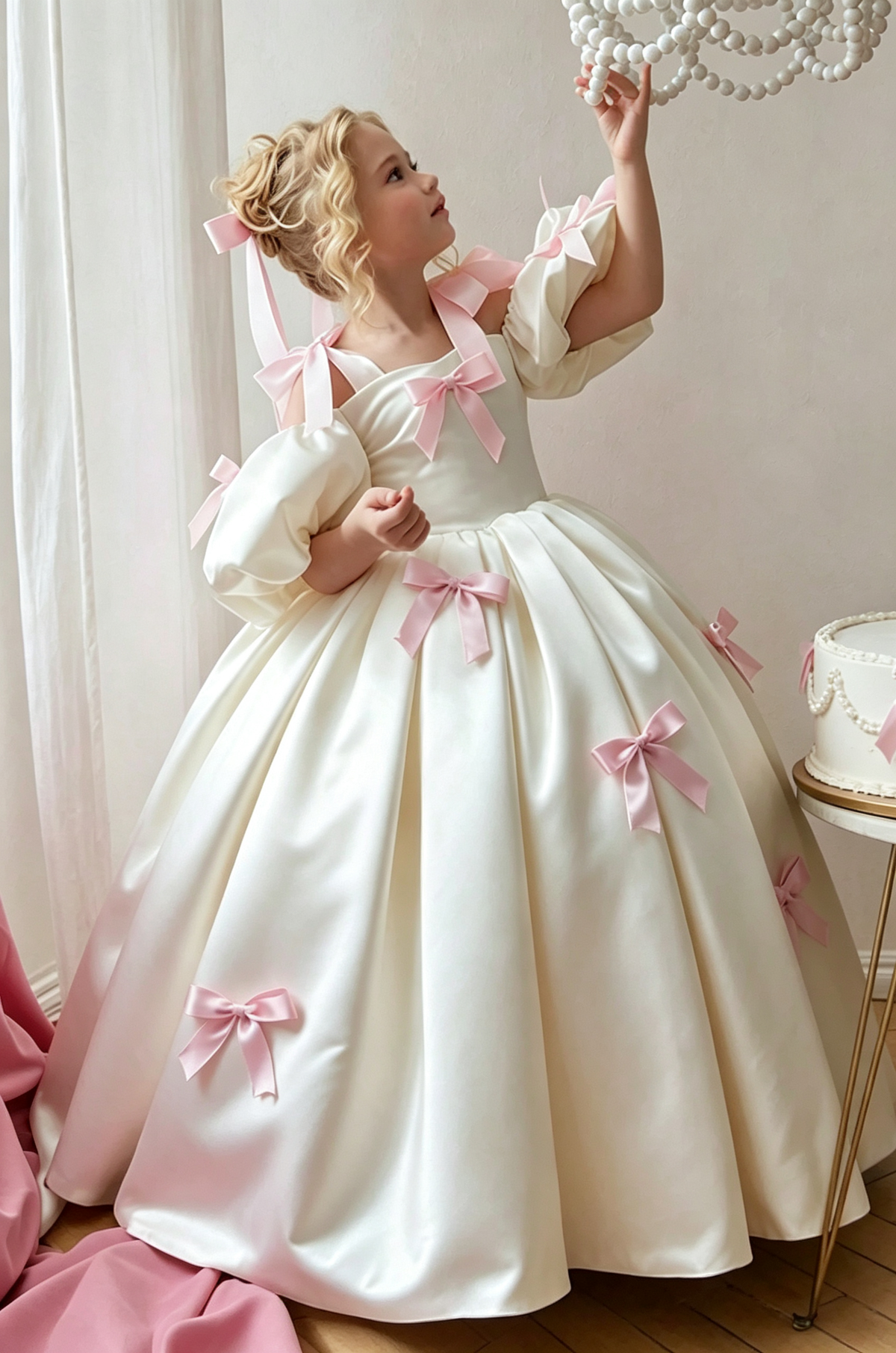 Light Pink & Cream Satin Puff Sleeves Bow A-Line Flower Girl Dress