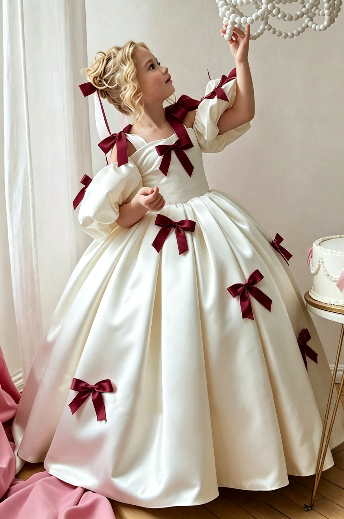 Light Pink & Cream Satin Puff Sleeves Bow A-Line Flower Girl Dress
