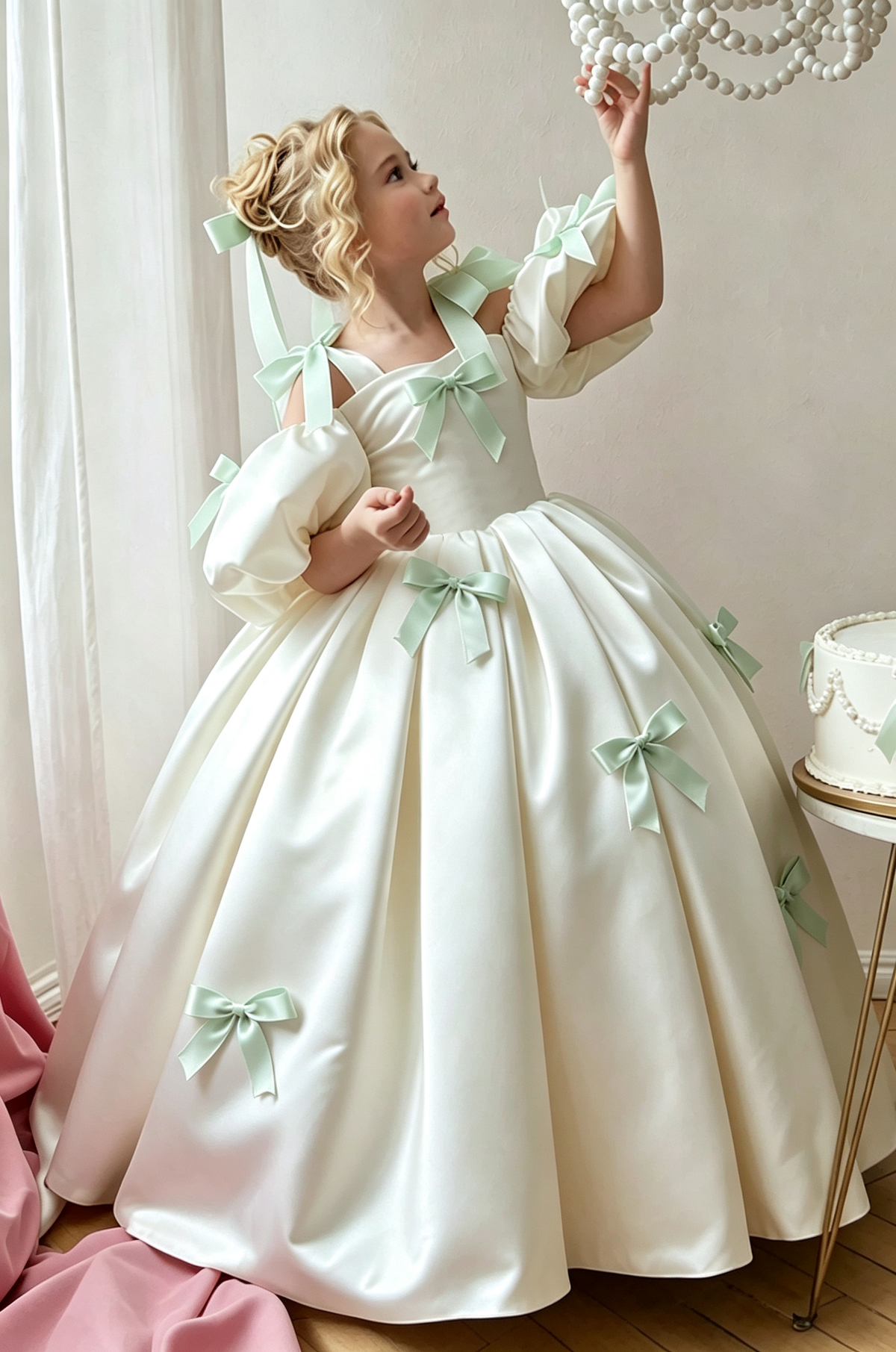 Light Pink & Cream Satin Puff Sleeves Bow A-Line Flower Girl Dress