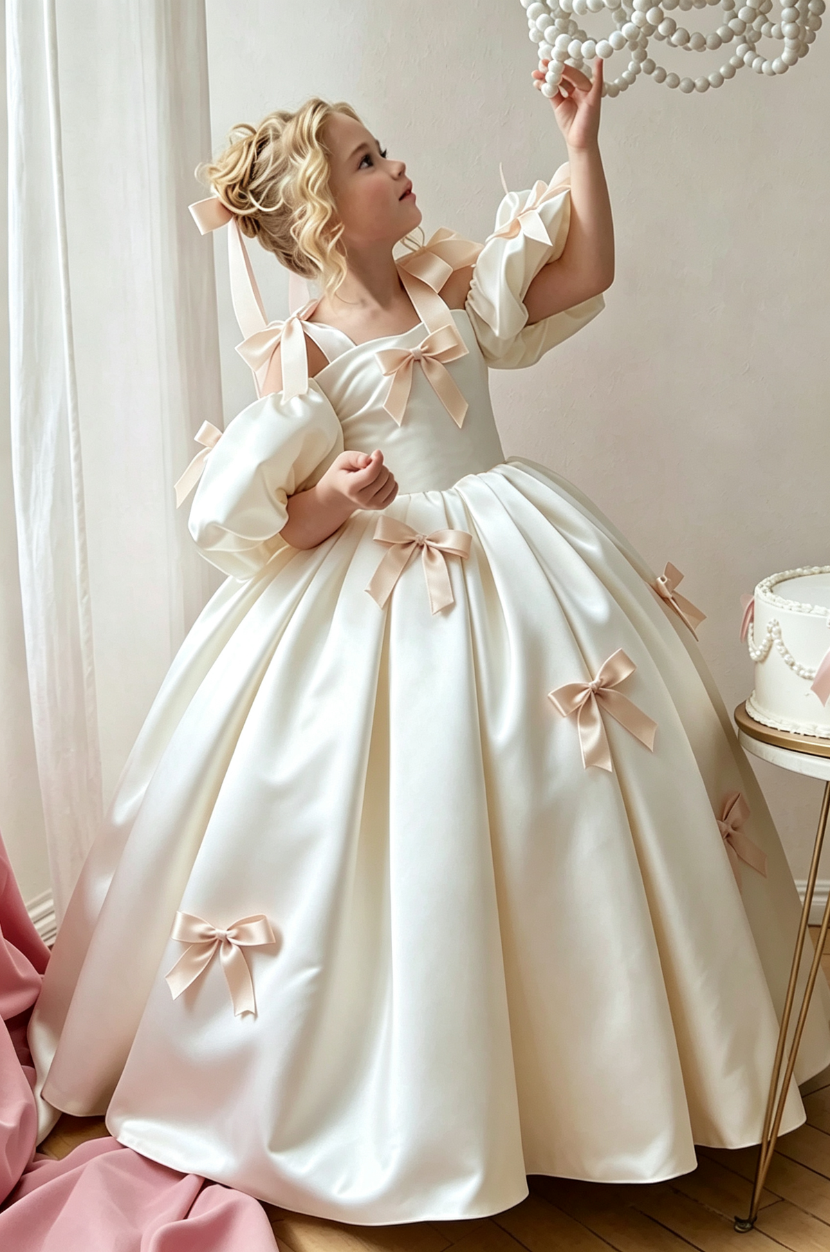 Light Pink & Cream Satin Puff Sleeves Bow A-Line Flower Girl Dress