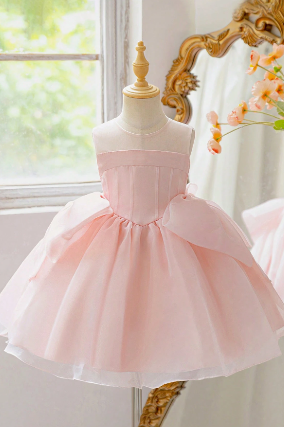 Light Pink Girls Tulle Sleeveless Round Neck Corset Bodice Big Bow Dress