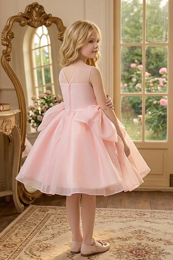 Light Pink Girls Tulle Sleeveless Round Neck Corset Bodice Big Bow Dress