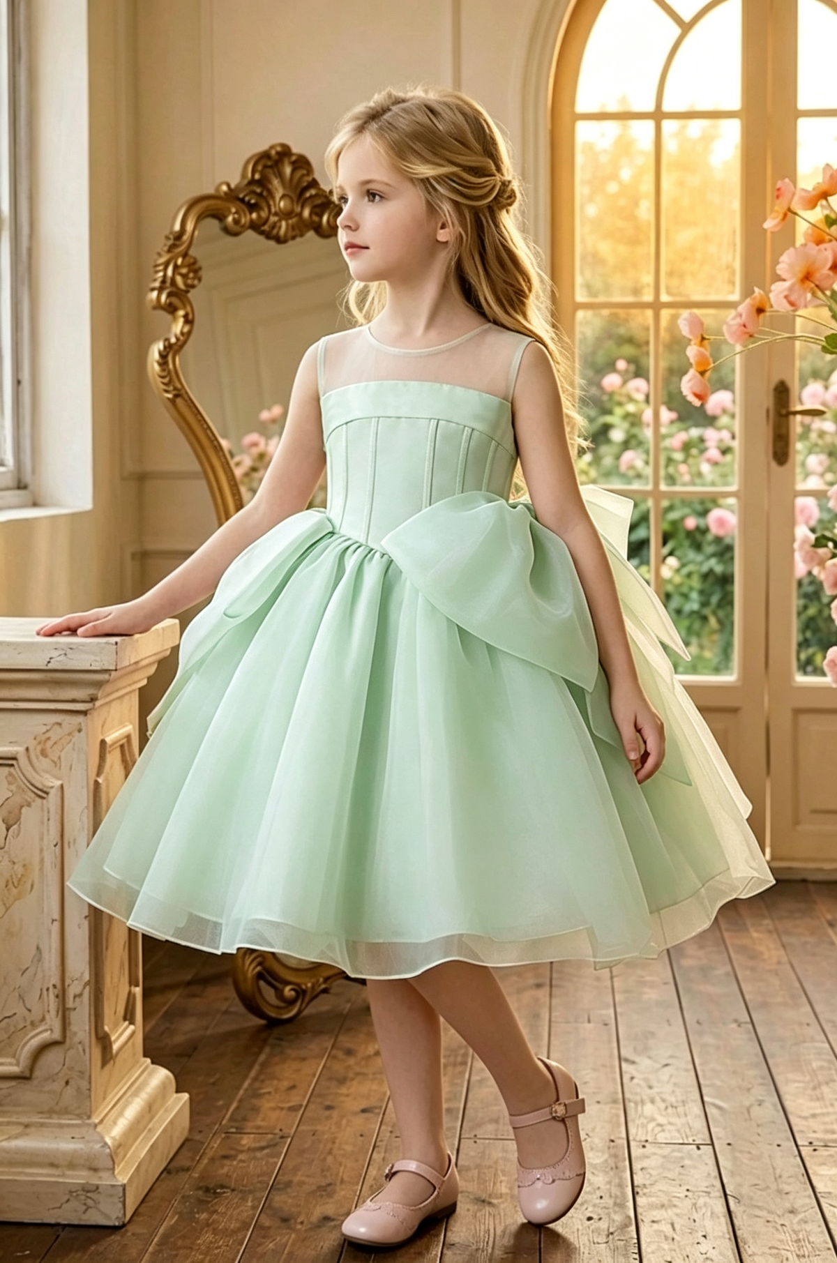 Light Pink Girls Tulle Sleeveless Round Neck Corset Bodice Big Bow Dress