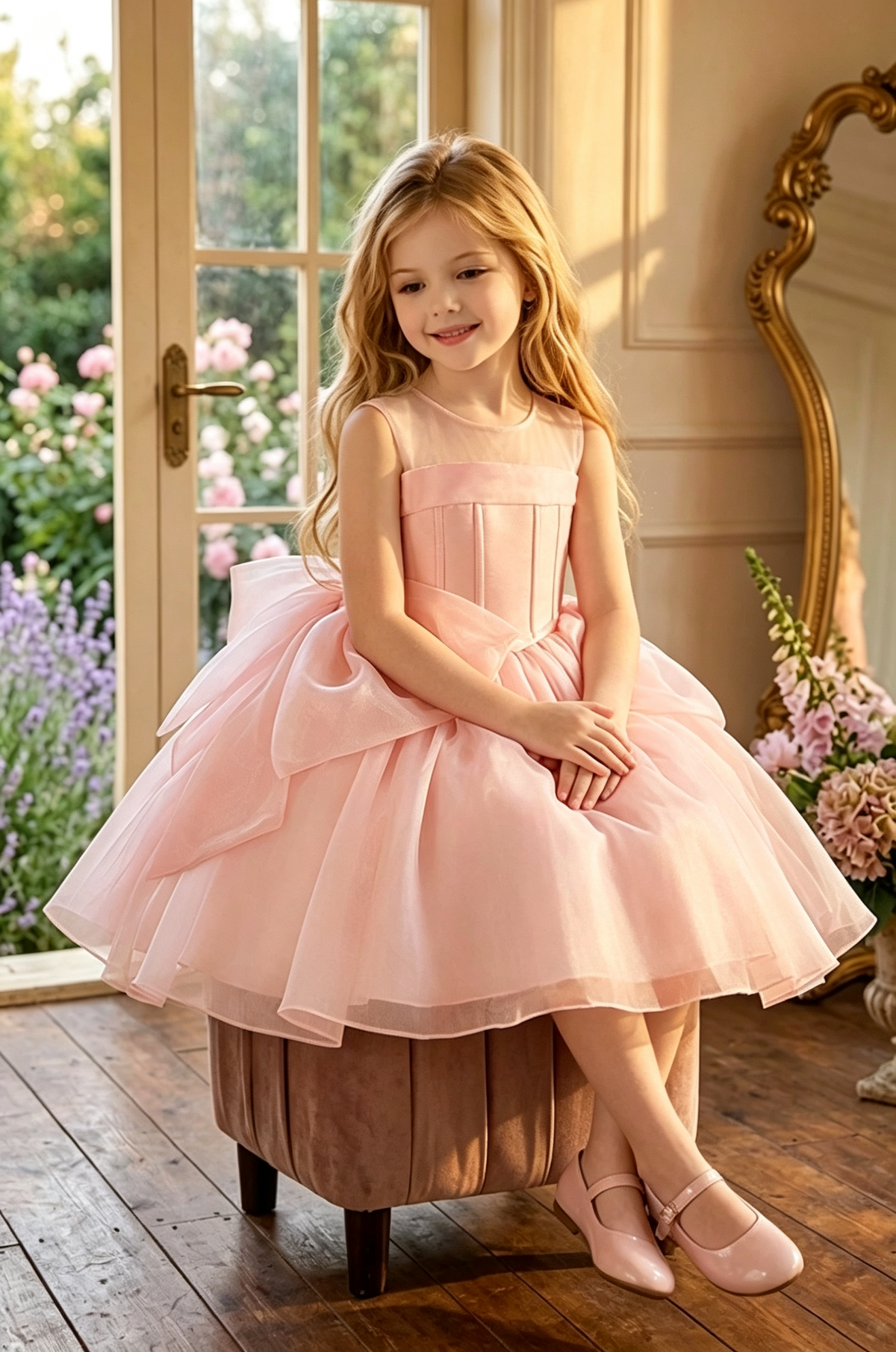Light Pink Girls Tulle Sleeveless Round Neck Corset Bodice Big Bow Dress