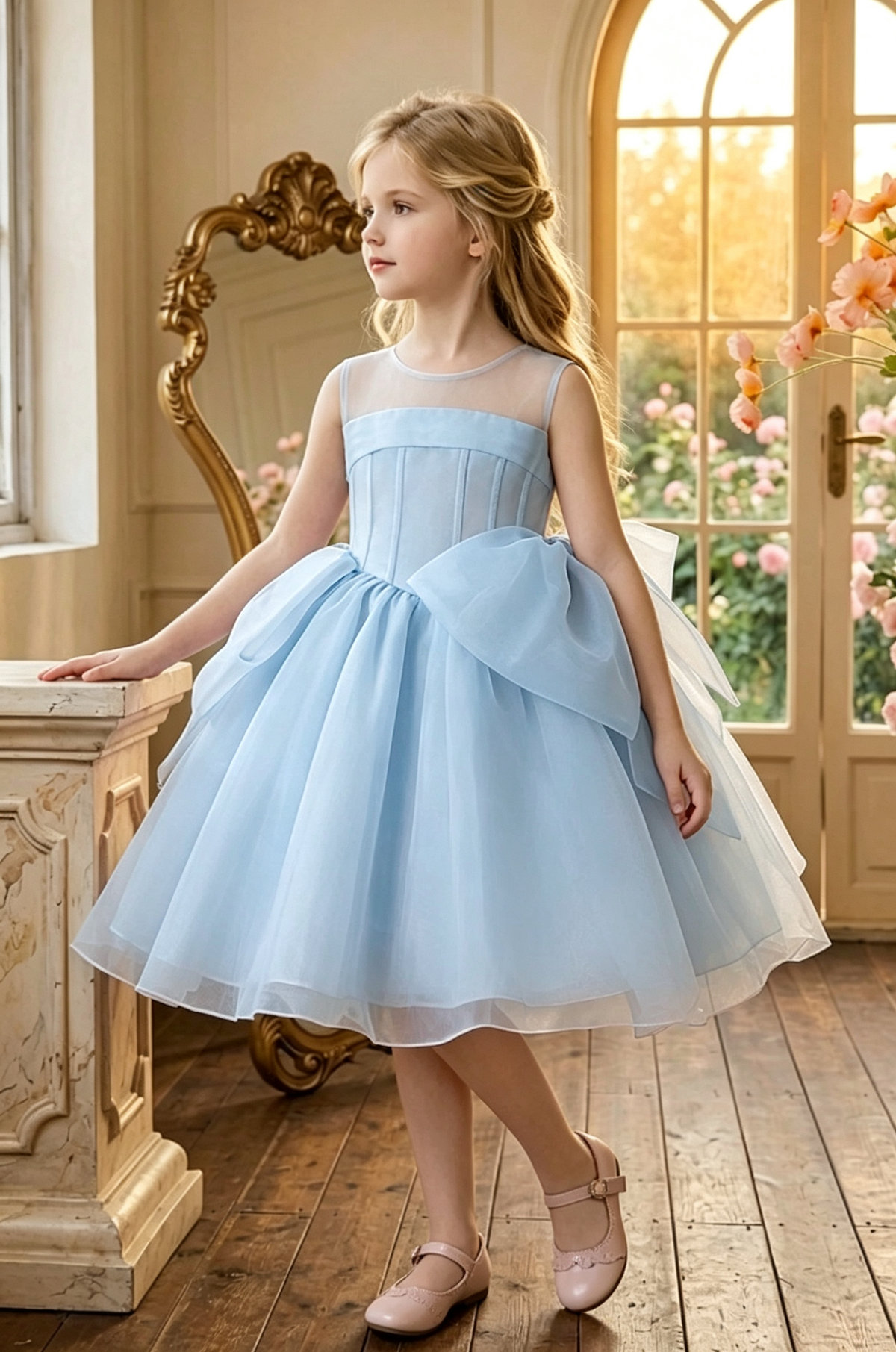 Light Pink Girls Tulle Sleeveless Round Neck Corset Bodice Big Bow Dress