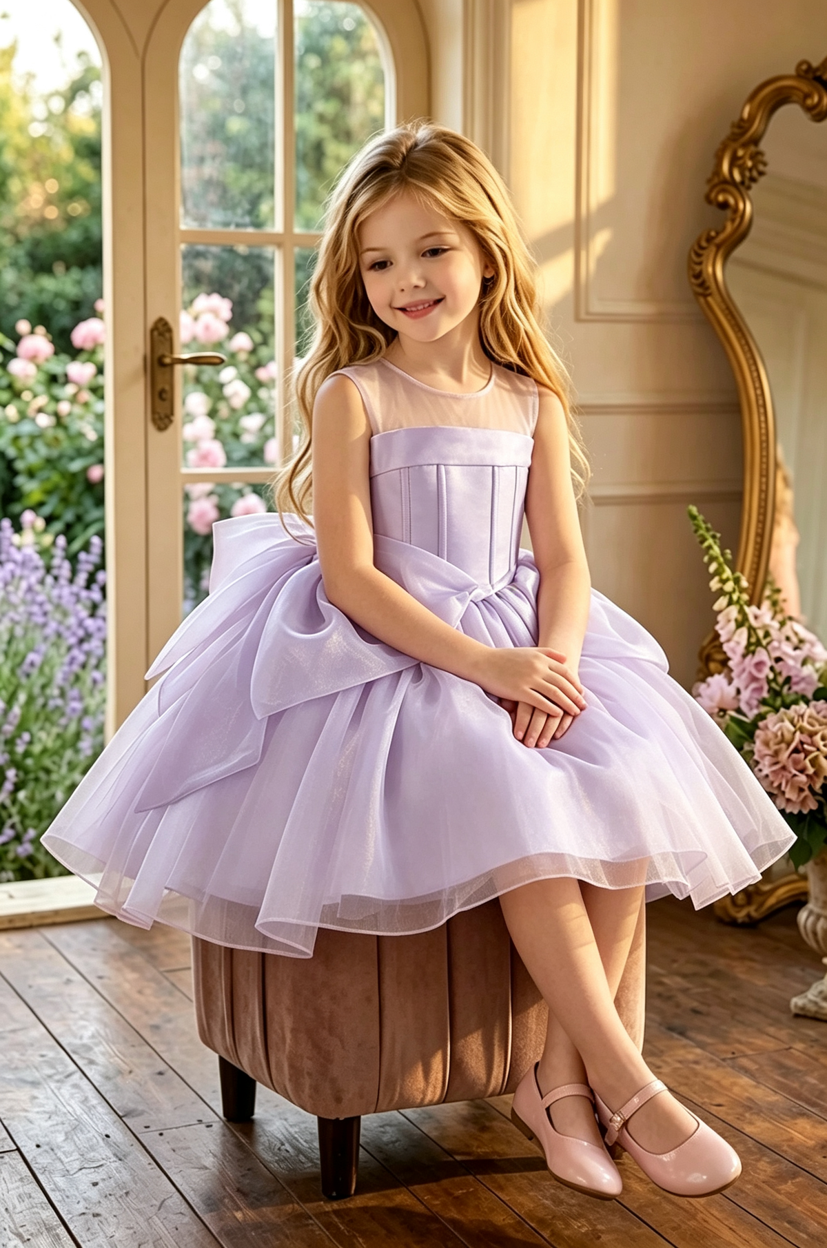 Light Pink Girls Tulle Sleeveless Round Neck Corset Bodice Big Bow Dress