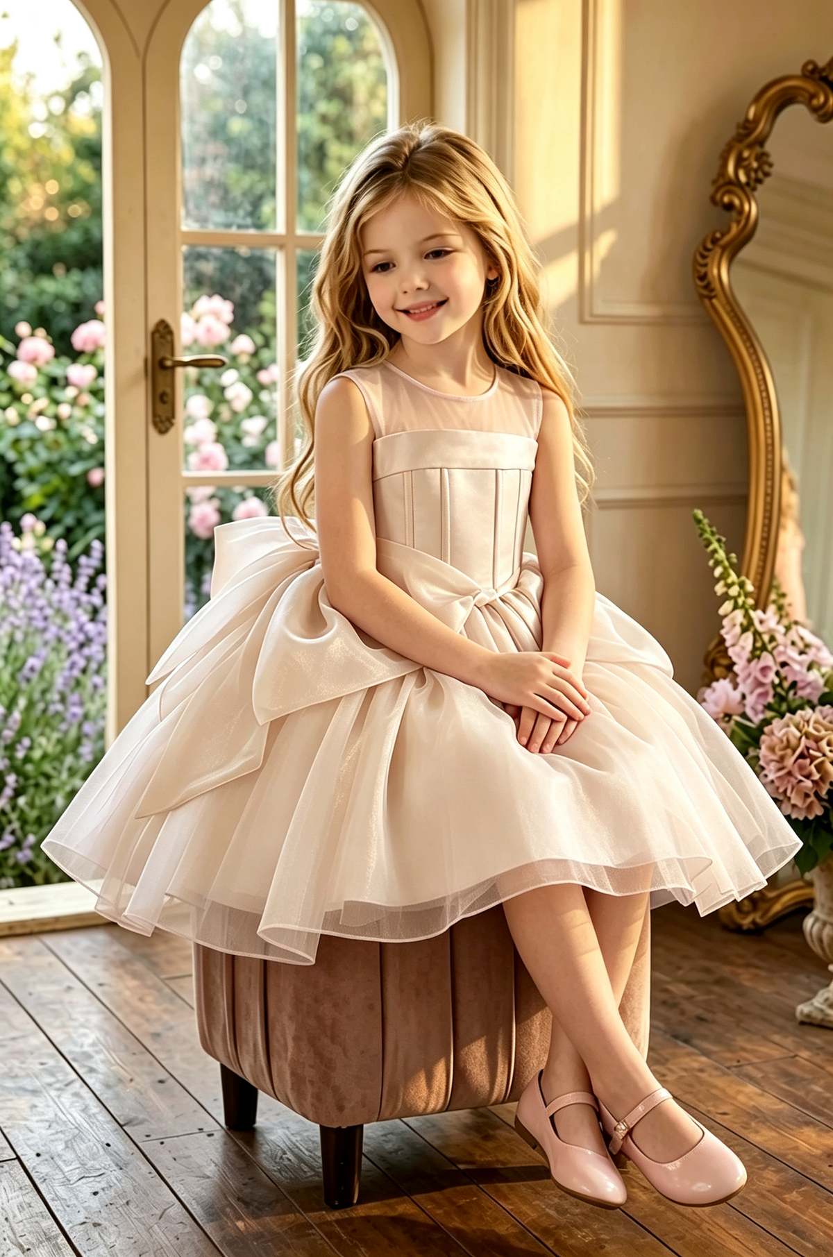 Light Pink Girls Tulle Sleeveless Round Neck Corset Bodice Big Bow Dress