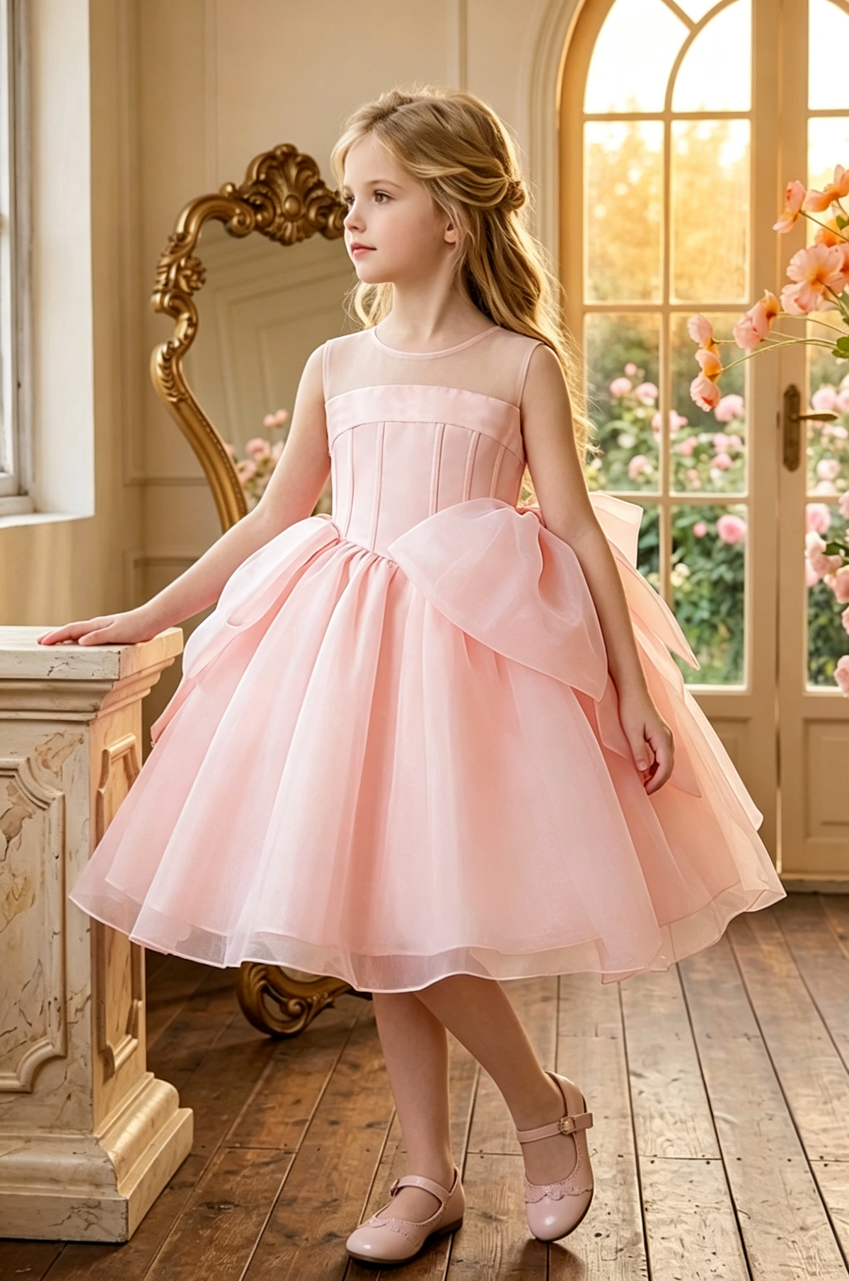 Light Pink Girls Tulle Sleeveless Round Neck Corset Bodice Big Bow Dress