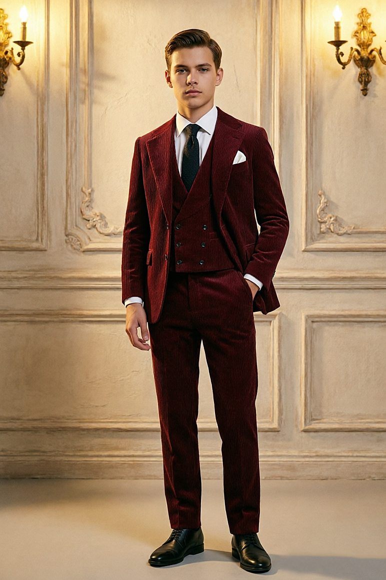 Deep Burgundy Boys Corduroy Double Breasted Formal 3 Piece Suit