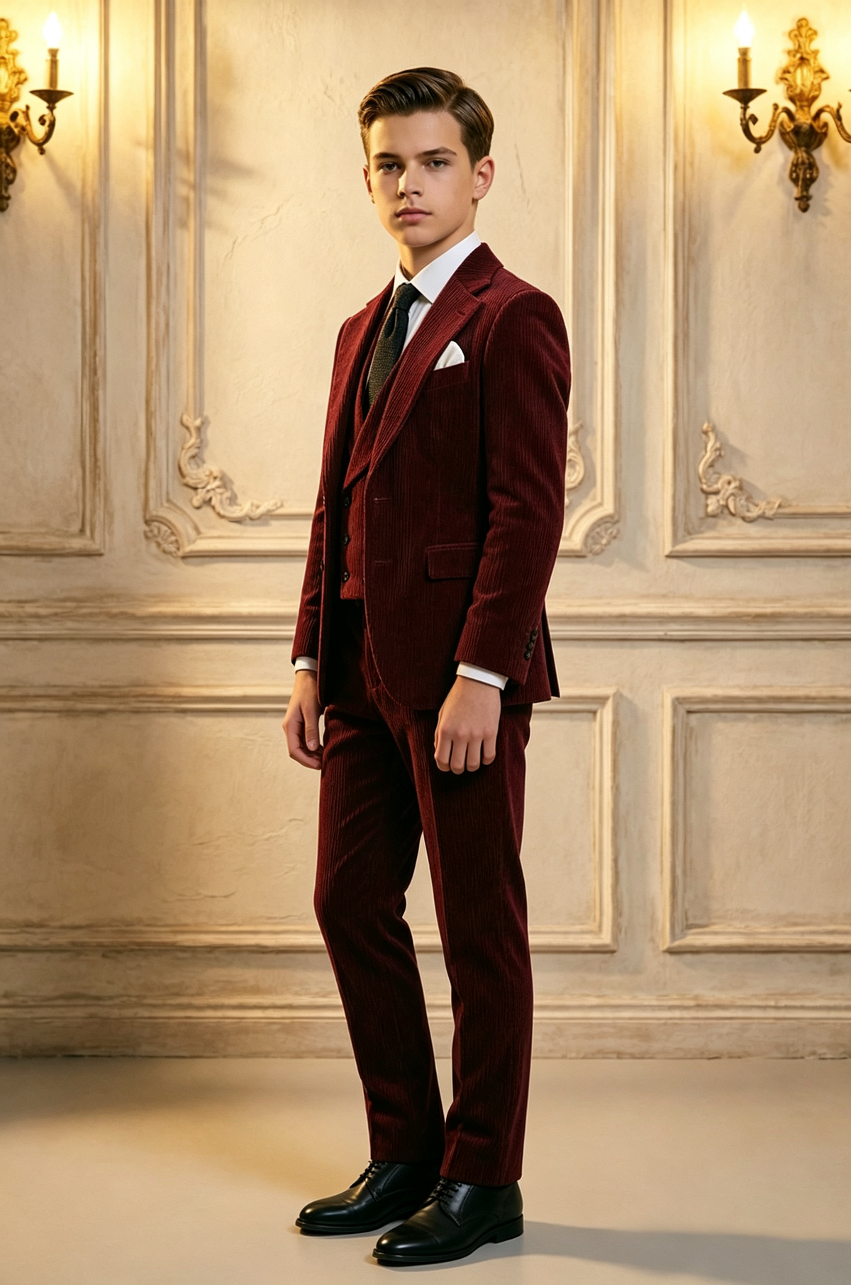 Deep Burgundy Boys Corduroy Double Breasted Formal 3 Piece Suit