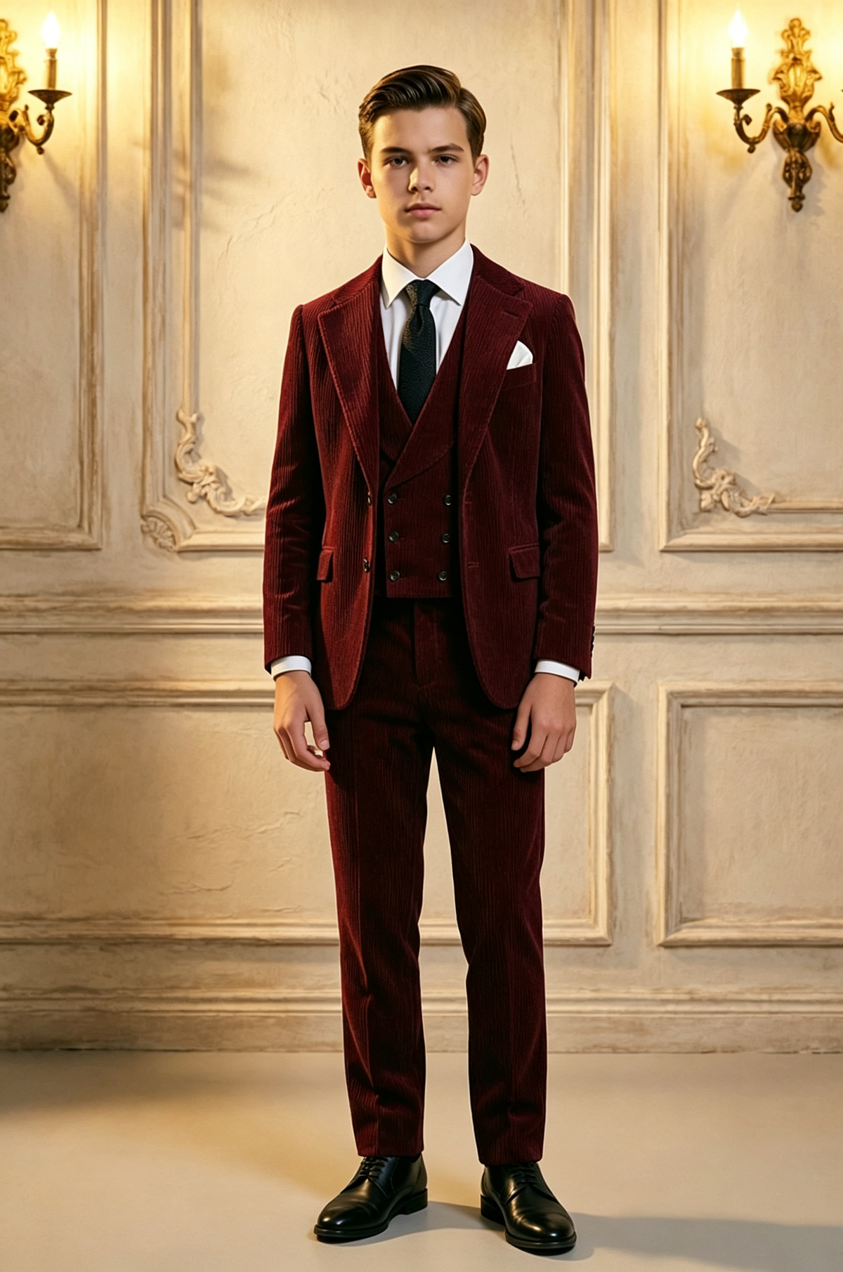 Deep Burgundy Boys Corduroy Double Breasted Formal 3 Piece Suit